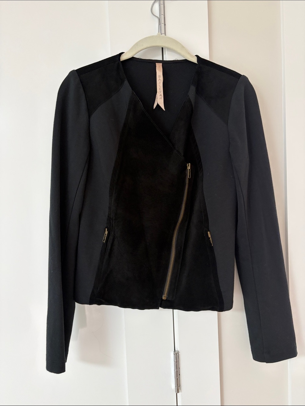 Bailey 44 Black Panelled Suede-Front Asymmetrical Zip Jacket